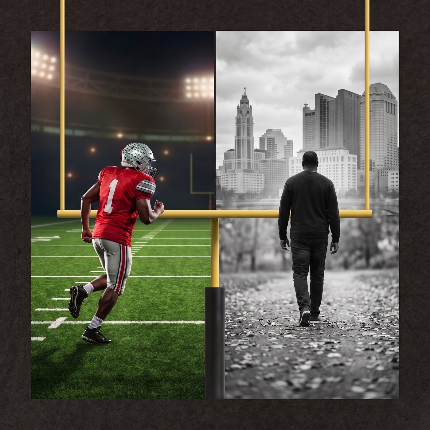 A goalpost connects a former football player's green playing field with a black-and-white figure walking toward the Columbus skyline